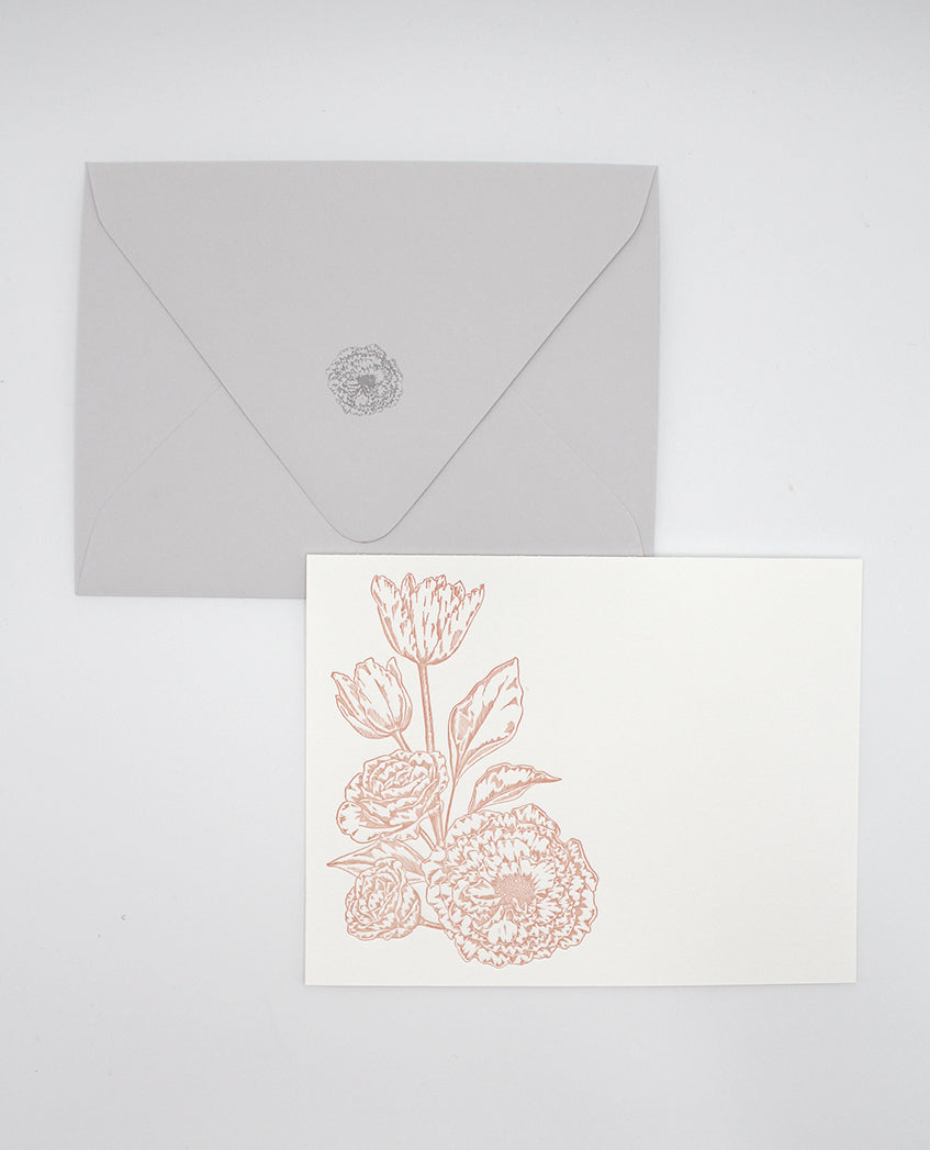 Letterpress flat note card with a peach floral bouquet and matching printed grey envelope by Rust Belt Love