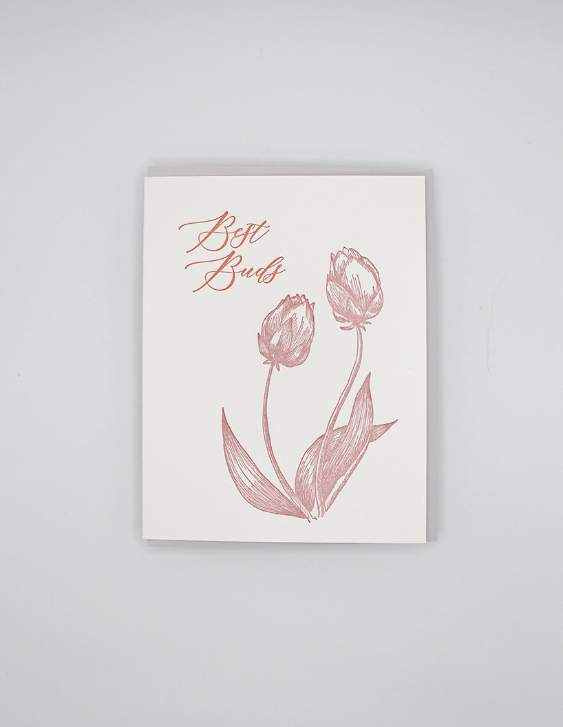 Letterpress friendship card with tulips that says "Best Buds" by Rust Belt Love