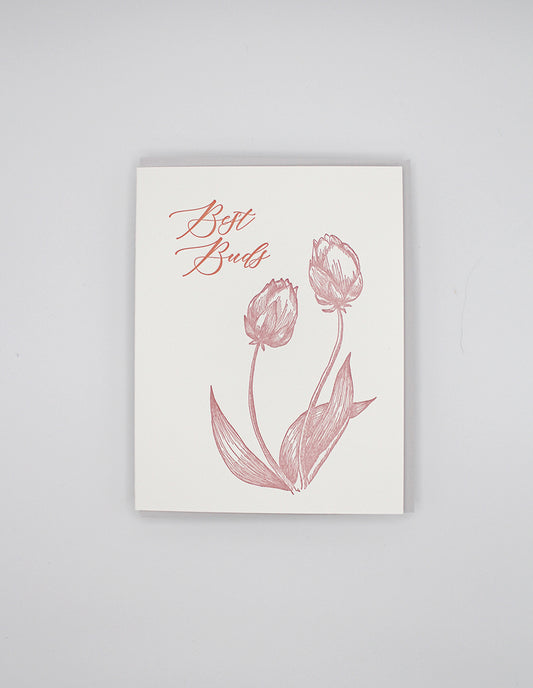 Letterpress friendship card with tulips that says "Best Buds" by Rust Belt Love