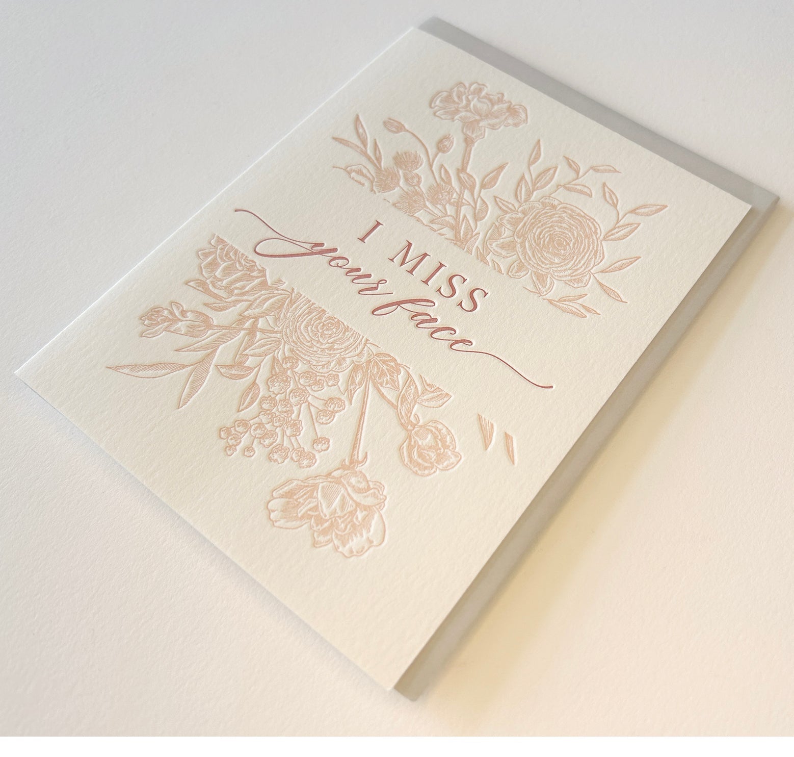 Letterpress friendship card with florals that says "I miss your face" by Rust Belt Love