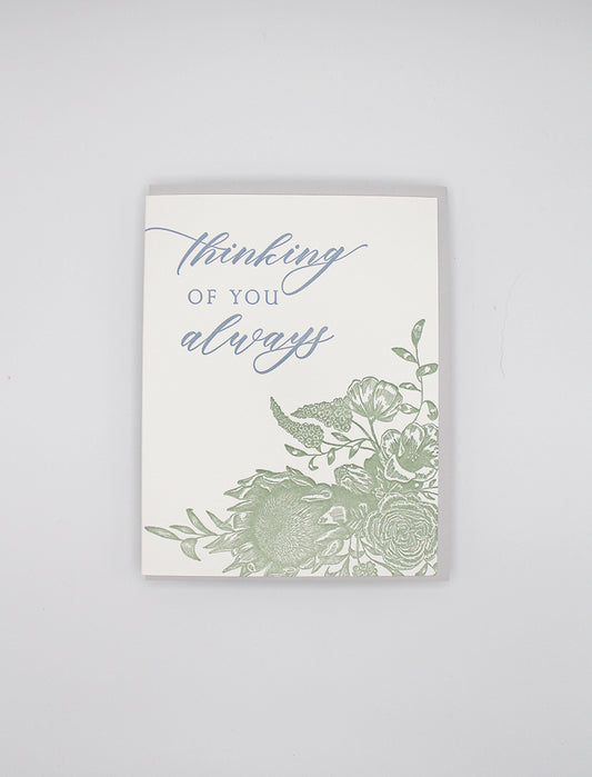 Letterpress friendship card with florals that says "thinking of you always" by Rust Belt Love