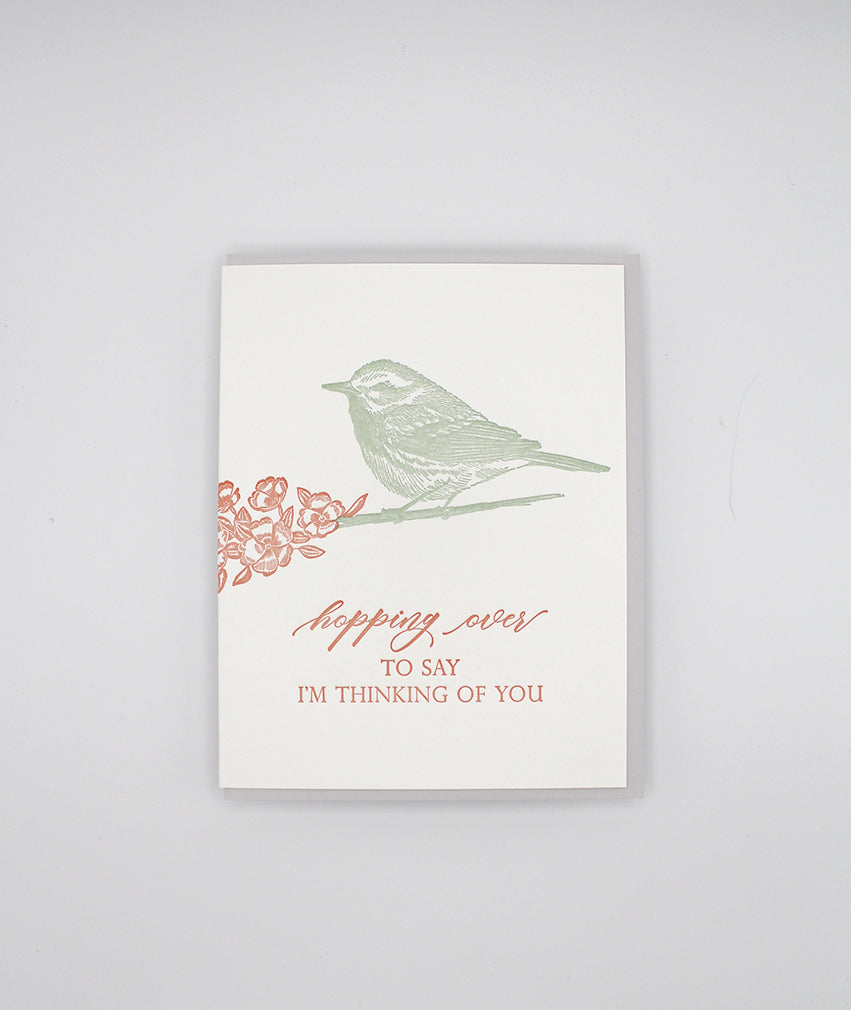 Letterpress friendship card with a bird that says "Hopping over to say I'm thinking of you" by Rust Belt Love