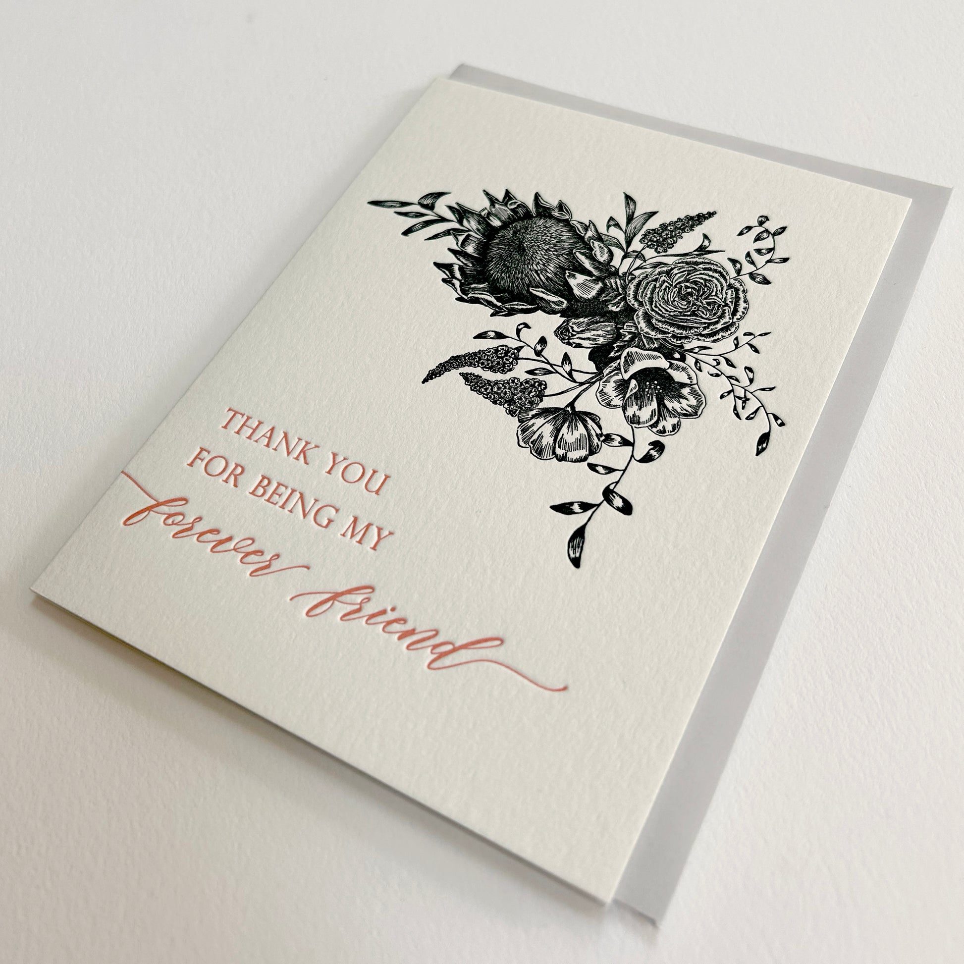 Letterpress friendship card with black florals that reads "Thank you for being my forever friend", by Rust Belt Love
