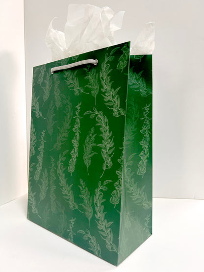 Angled standing up green eucalyptus printed gift bag by Rust Belt Love