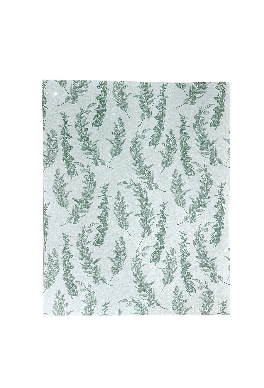 Sample sheet of green eucalyptus print wrapping paper by Rust Belt Love.