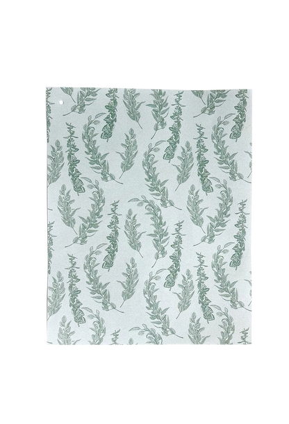 Sample sheet of green eucalyptus print wrapping paper by Rust Belt Love.