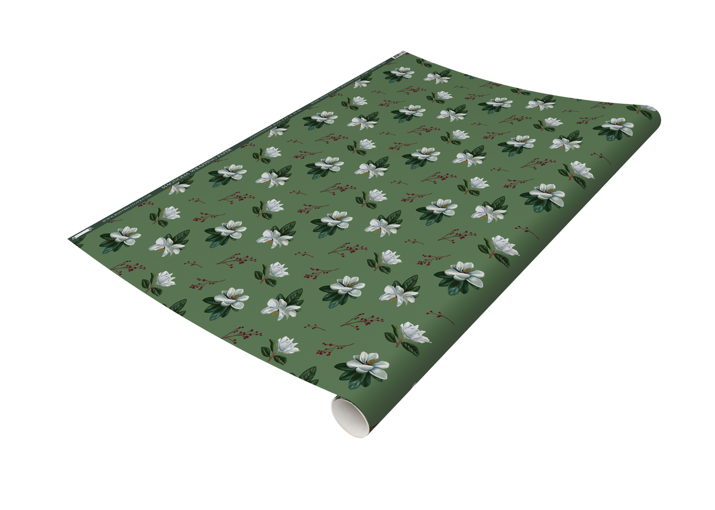 Roll of green wrapping paper printed with magnolia pattern from Rust Belt Love