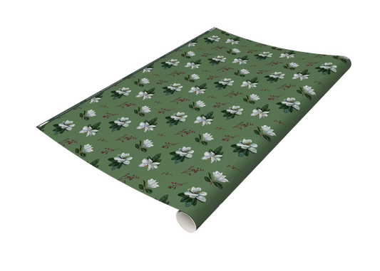 Roll of green wrapping paper printed with magnolia pattern from Rust Belt Love