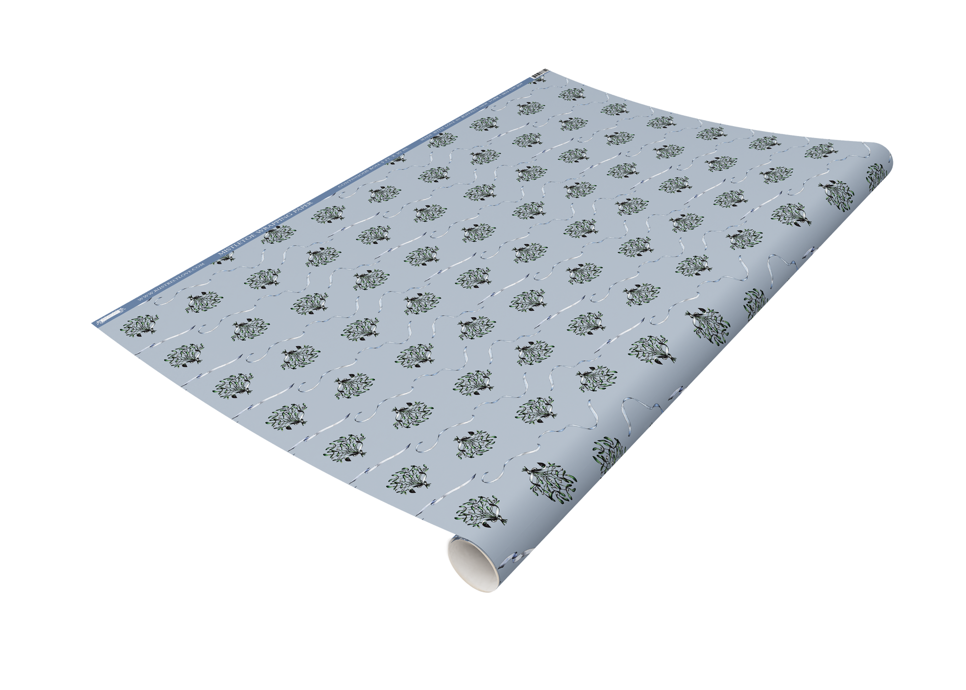 Roll of light blue wrapping paper with mistletoe design printed on it by Rust Belt Love