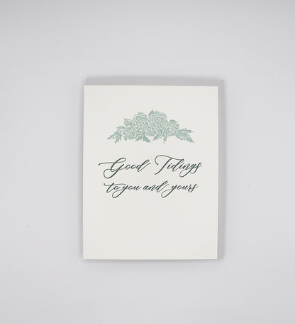 Letterpress holiday card with florals that says " Good tidings to you and yours" by Rust Belt Love