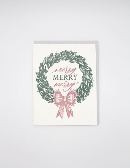 Letterpress holiday card with wreath that says "Merry merry merry" by Rust Belt Love