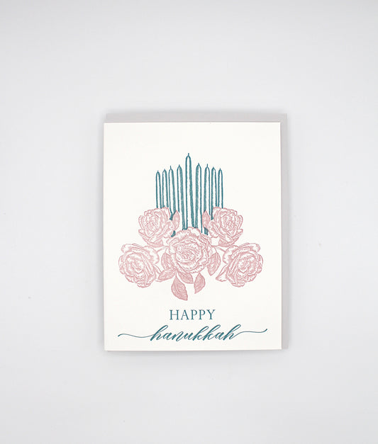 Letterpress holiday card with florals and candles that says "Happy Hanukkah" by Rust Belt Love