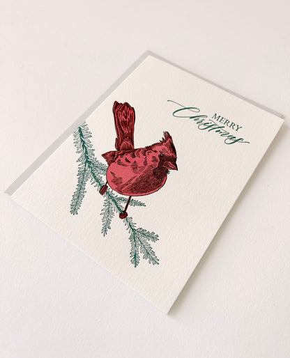 Letterpress holiday card with cardinal that says "Merry Christmas" by Rust Belt Love