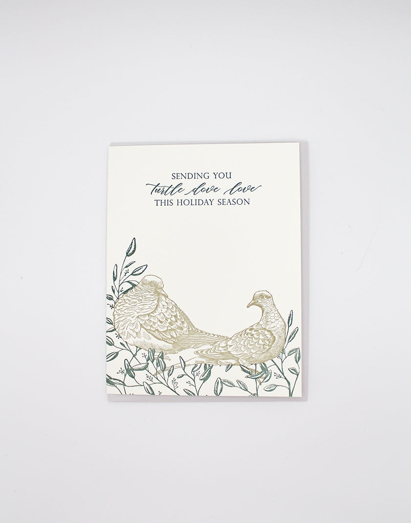 Letterpress holiday greeting card with two turtle doves on it that reads "Sending you turtle dove love this holiday season" by Rust Belt Love