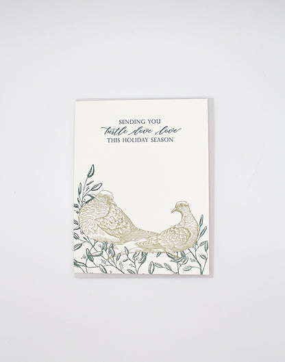 Letterpress holiday greeting card with two turtle doves on it that reads "Sending you turtle dove love this holiday season" by Rust Belt Love