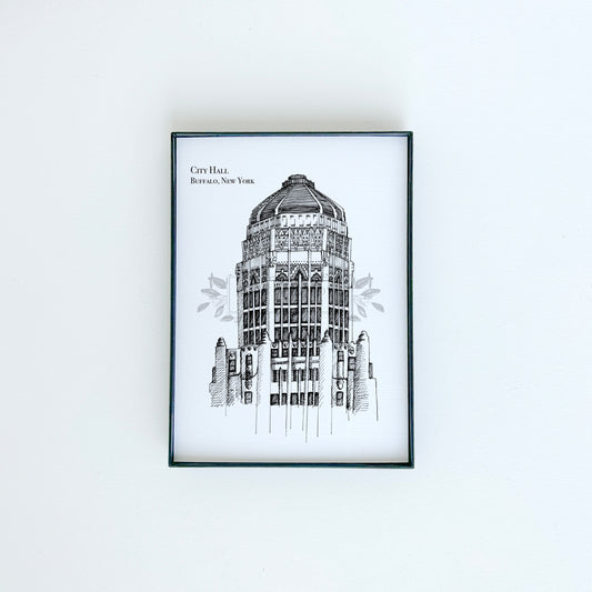 City Hall illustration in black ink on white paper by Rust Belt Love