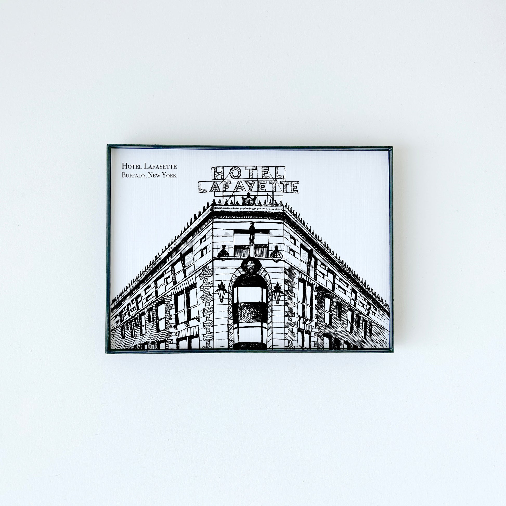 Hotel Lafayette illustration in black ink on white paper by Rust Belt Love