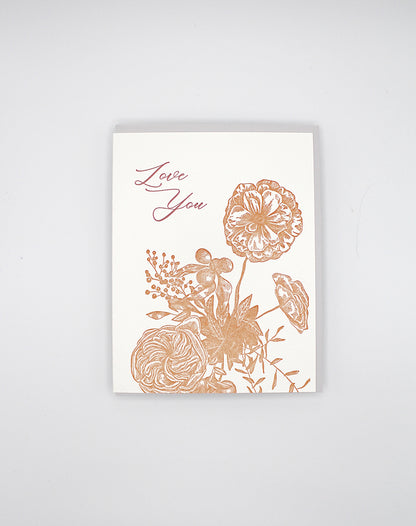 Letterpress love card with florals that says "Love you" by Rust Belt Love