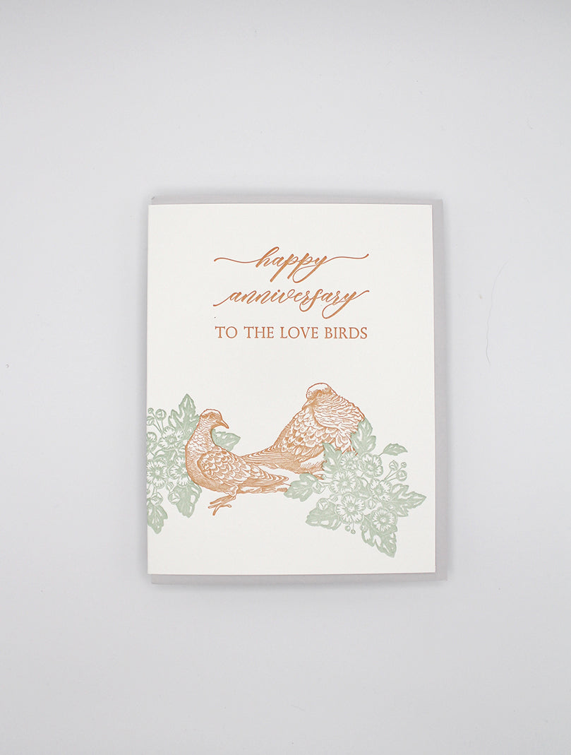 Letterpress love card with florals and birds that says "Happy anniversary to the love birds" by Rust Belt Love