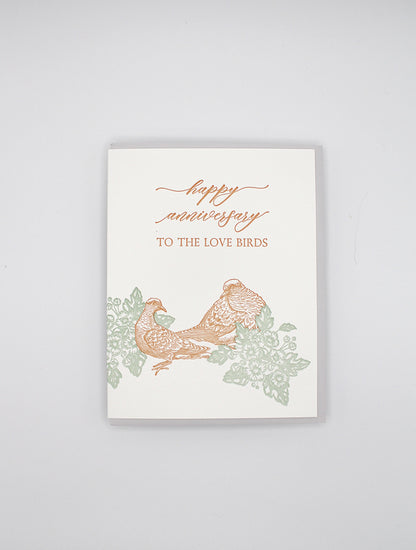 Letterpress love card with florals and birds that says "Happy anniversary to the love birds" by Rust Belt Love