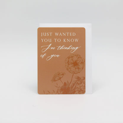 Orange floral minicard that reads "Just wanted you to know I'm thinking of you" from Rust Belt Love