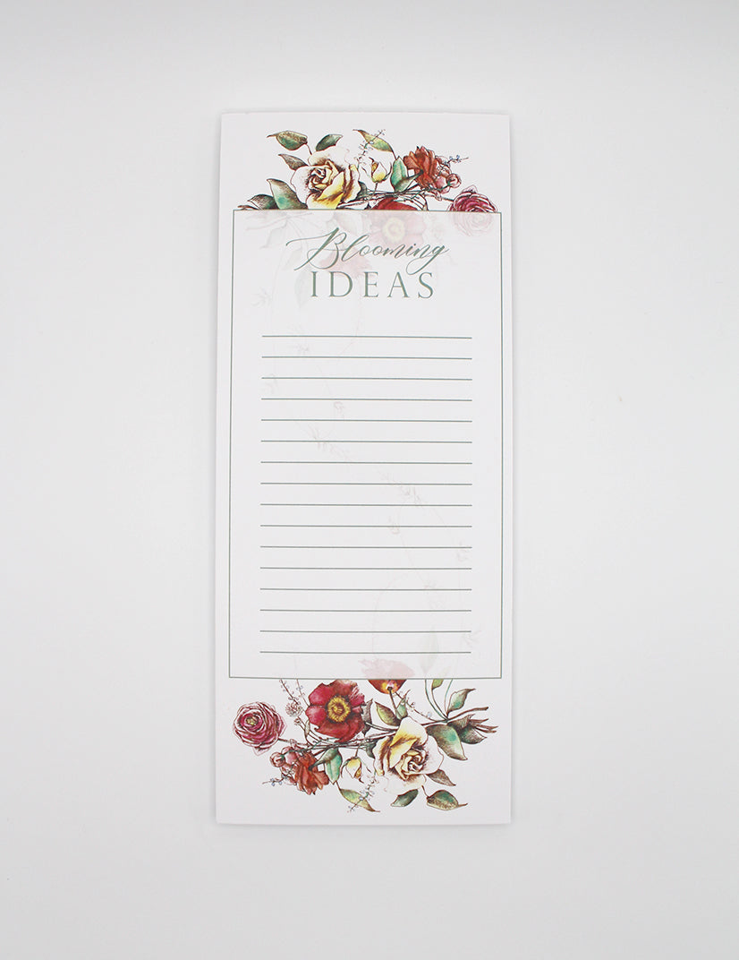 3.5 by 8.5 notepad with lined sheets with florals that says "Blooming ideas" by Rust Belt Love