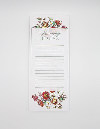 3.5 by 8.5 notepad with lined sheets with florals that says "Blooming ideas" by Rust Belt Love