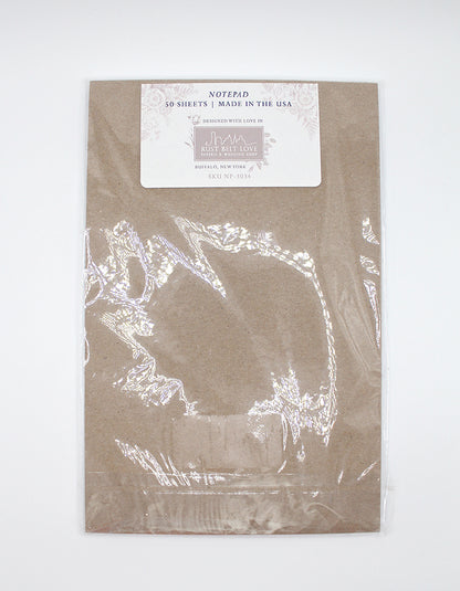 Back of Rust Belt Love's notepad in packaging