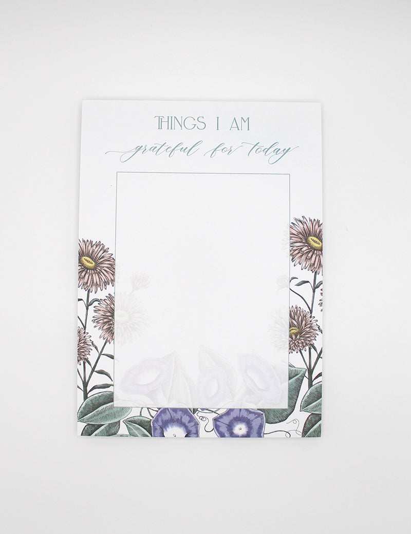 Rust Belt Love's floral notepad that reads "Things I am grateful for today"