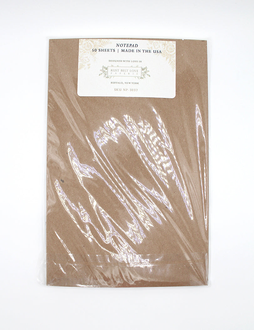 Back of Rust Belt Love's notepad in its' packaging