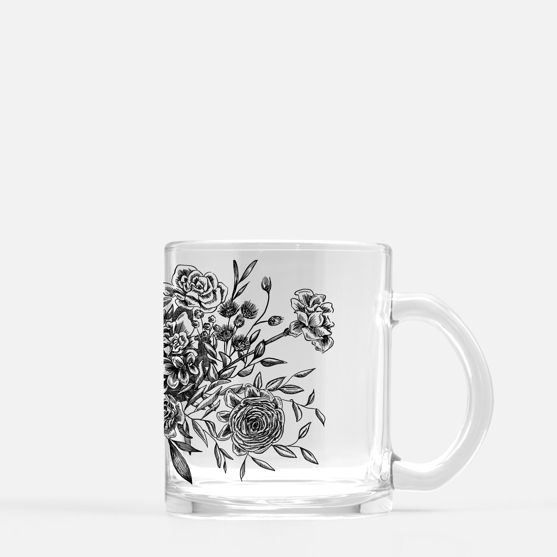 Clear glass mug with black florals by Rust Belt Love