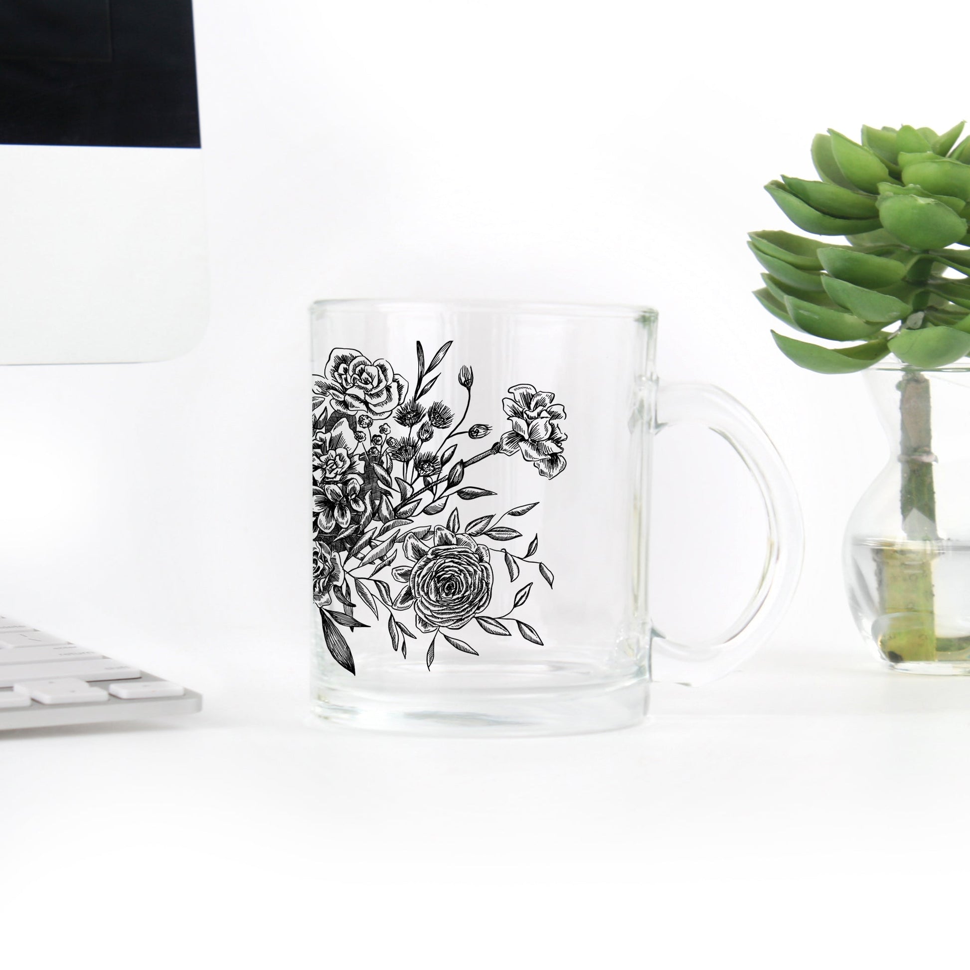 Clear glass mug with black florals by Rust Belt Love