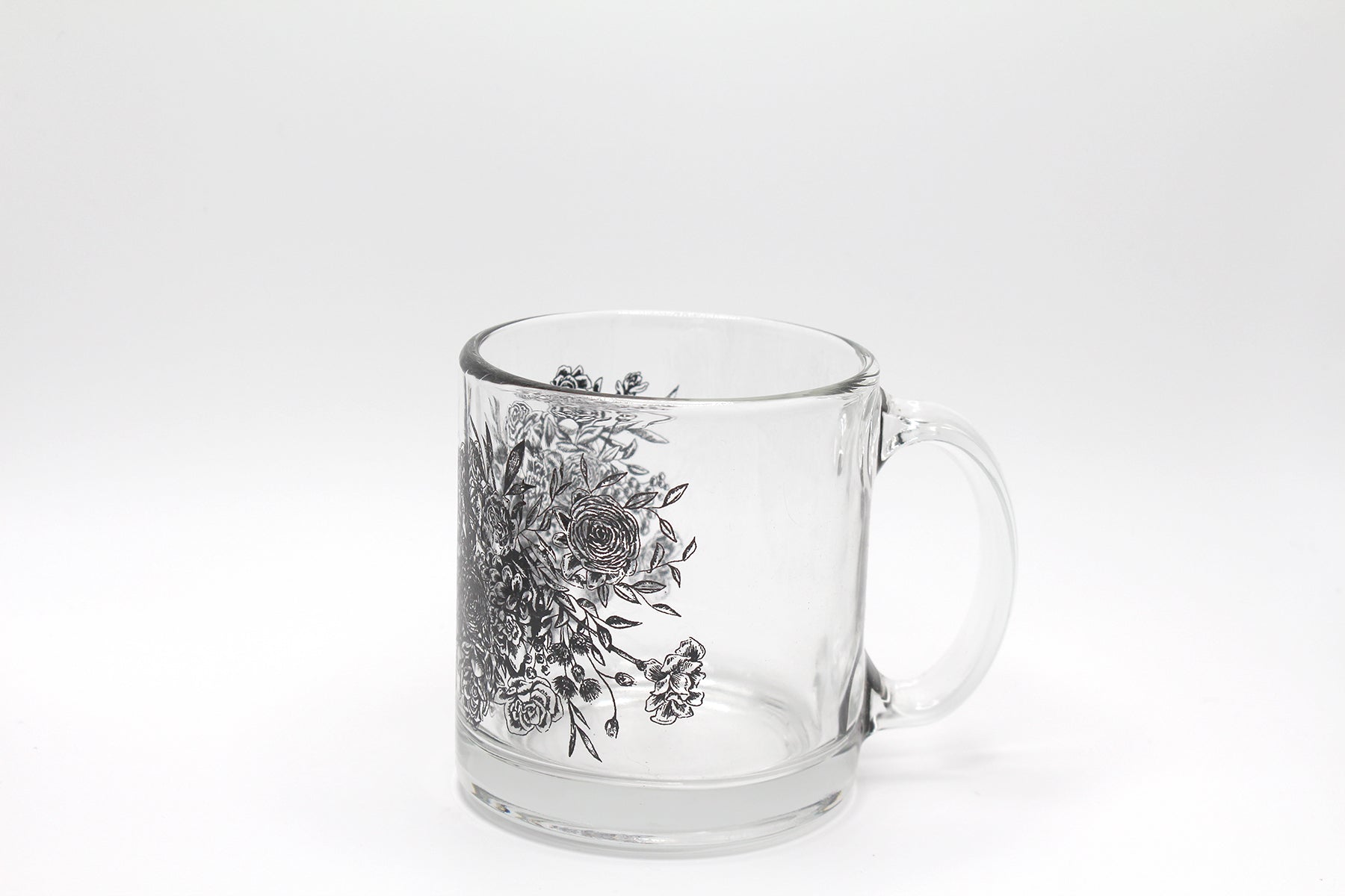 Clear glass mug with black florals by Rust Belt Love