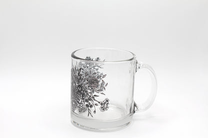 Clear glass mug with black florals by Rust Belt Love