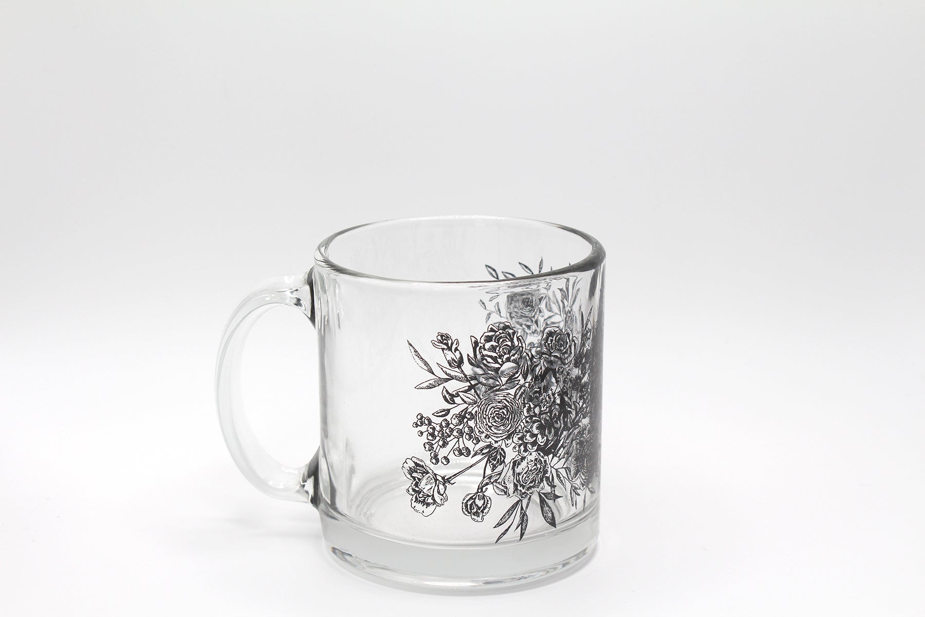 Clear glass mug with black florals by Rust Belt Love