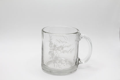 White ink on clear glass mug with flowers and that says "grow wild" by Rust Belt Love