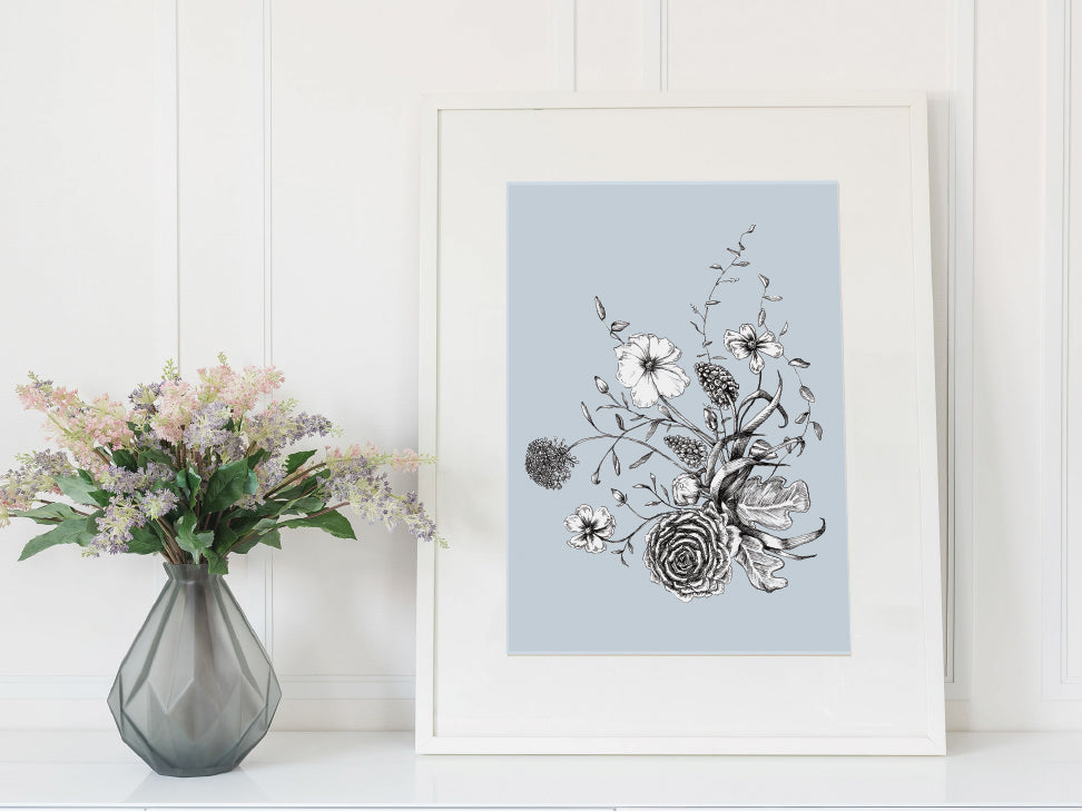 Digital dusty blue floral print by Rust Belt Love