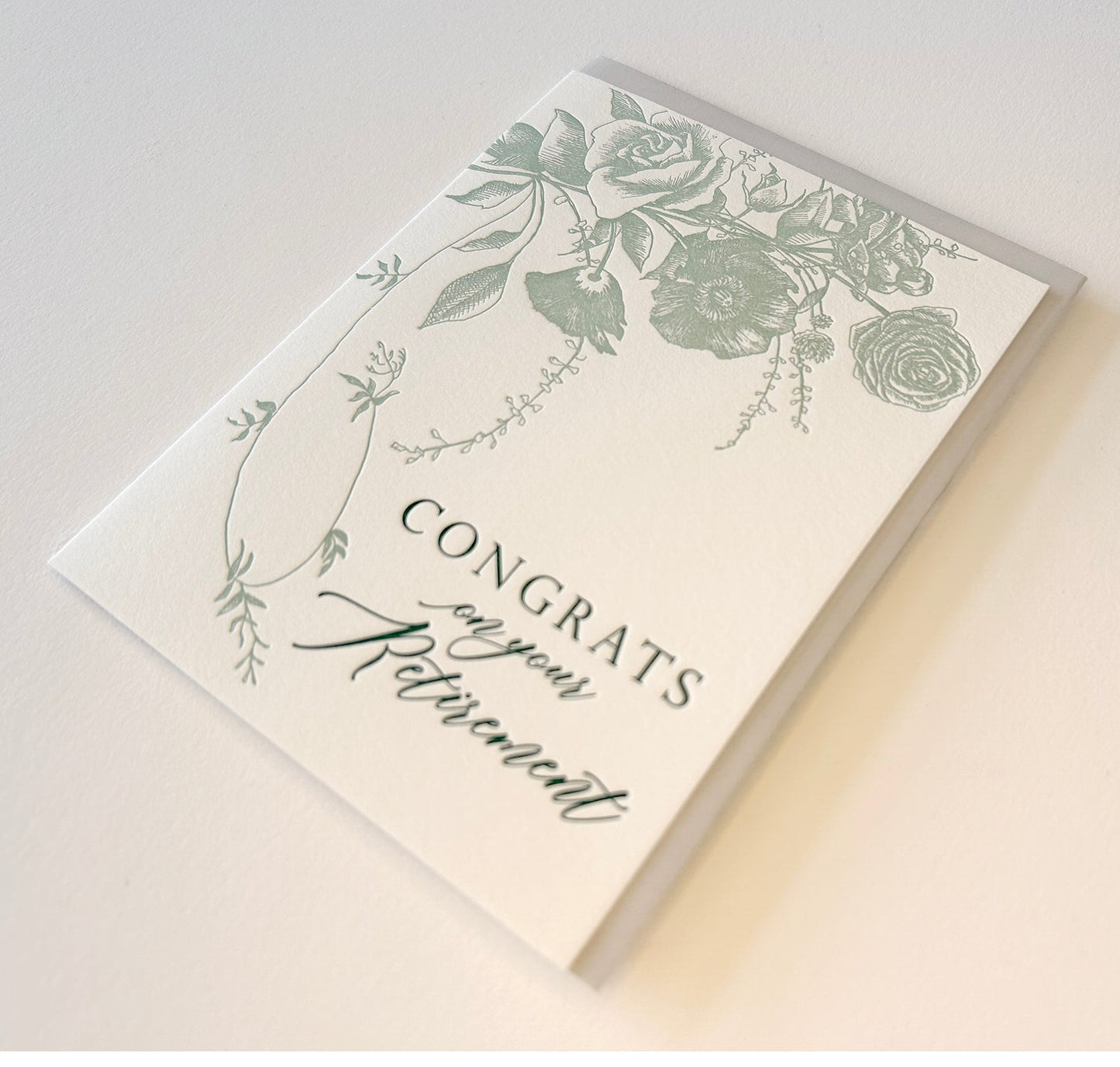 Letterpress retirement card with florals that says "Congrats on Your Retirement" by Rust Belt Love