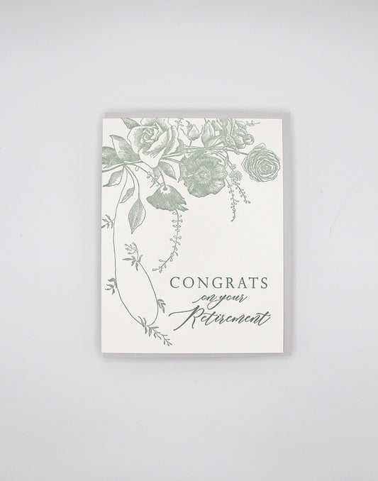 Letterpress retirement card with florals that says "Congrats on Your Retirement" by Rust Belt Love