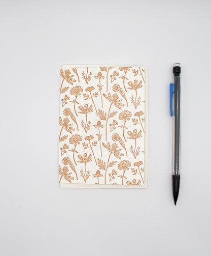 Letterpress small note card with wildflower print by Rust Belt Love , with pencil for size reference 