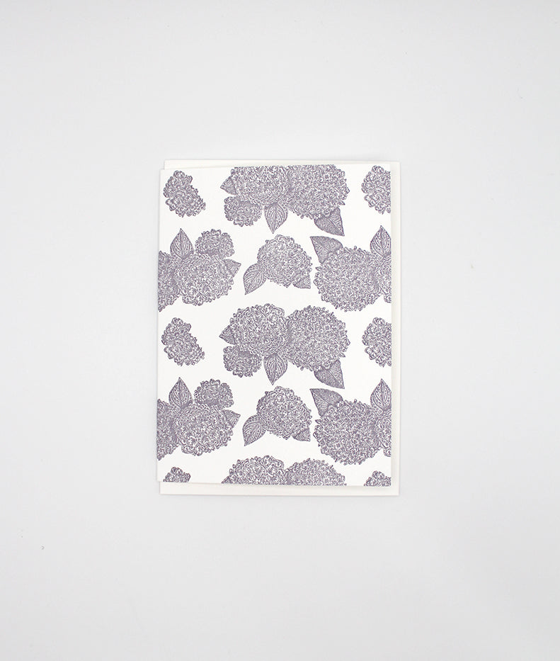 Small letterpress note card with purple hydrangea print by Rust Belt Love