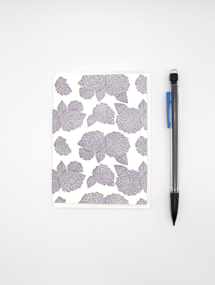 Small letterpress note card with purple hydrangea print by Rust Belt Love, with pencil to show size