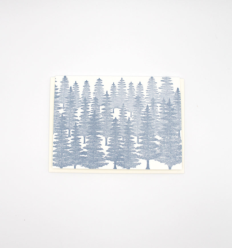 Small letterpress note card with blue evergreens on it by Rust Belt Love