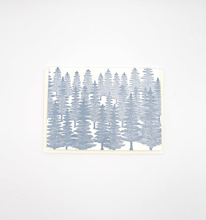 Small letterpress note card with blue evergreens on it by Rust Belt Love