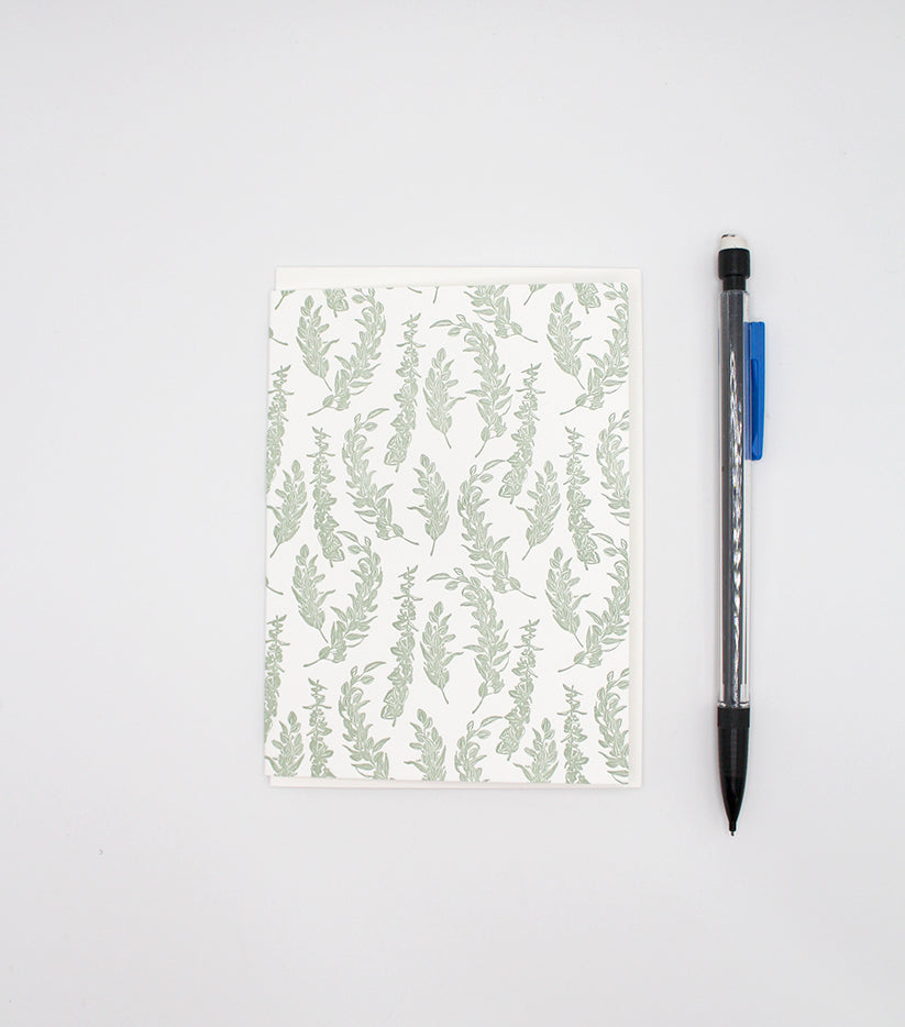 Letterpress eucalyptus printed small card by Rust Belt Love, with pencil to show size