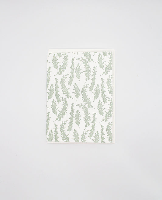 Small letterpress card printed with a green eucalyptus pattern by Rust Belt Love.