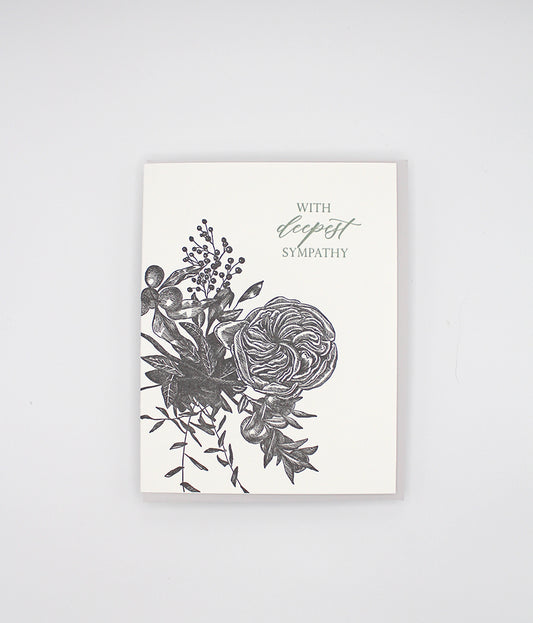 Letterpress sympathy card with black florals that says "With deepest sympathy" by Rust Belt Love