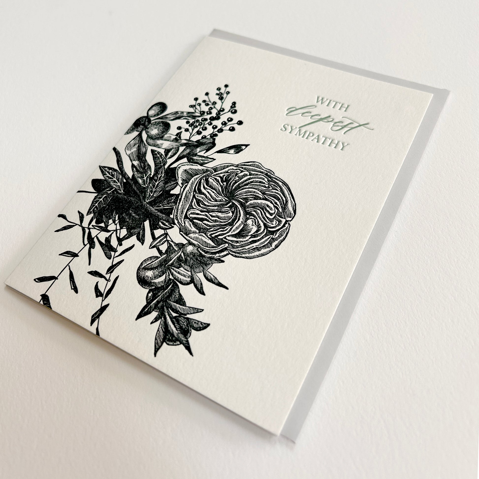 Letterpress sympathy card with black florals that says "With deepest sympathy" by Rust Belt Love
