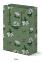 Standing picture of green gift bag printed with a magnolia illustration pattern by Rust Belt Love