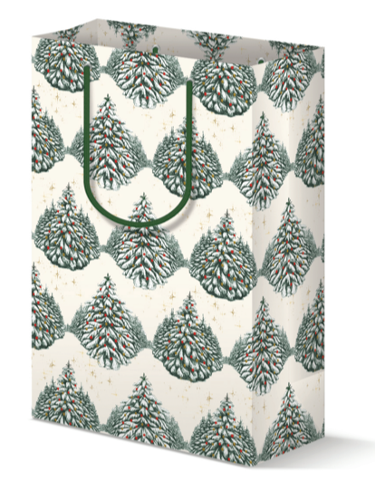 Gift bag by Rust Belt Love that is covered in a holiday tree pattern